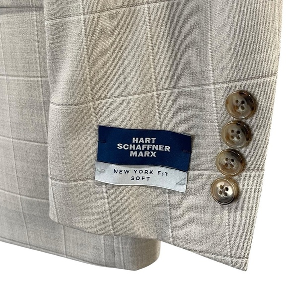 Hart Schaffner Marx Suit Mens 40 Reg New York Fit Cream/Beige Windowpane $795 - Picture 4 of 16